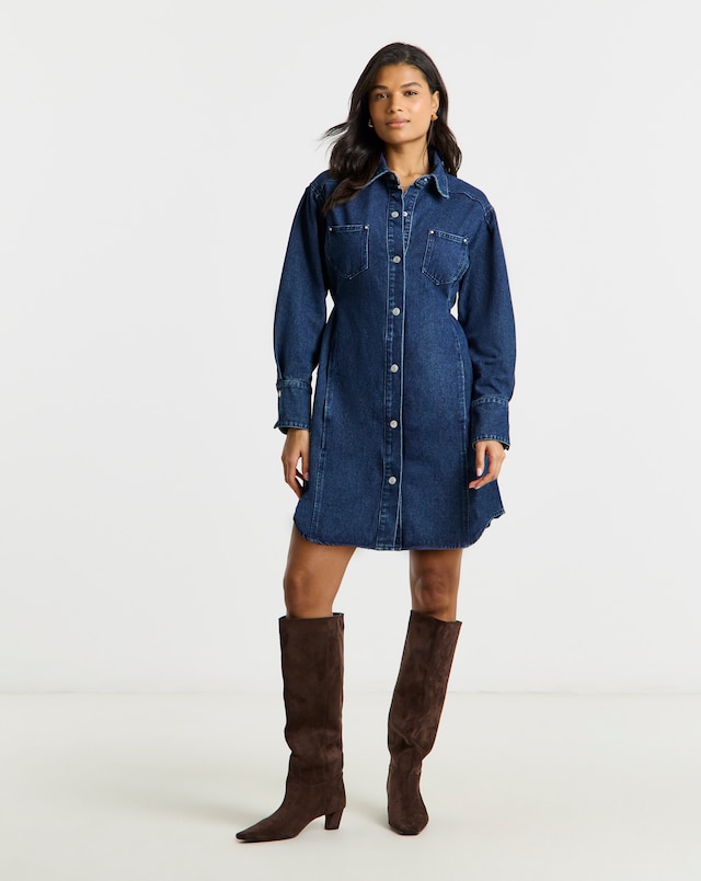 Dark Wash Belted Oversized Shirt Dress