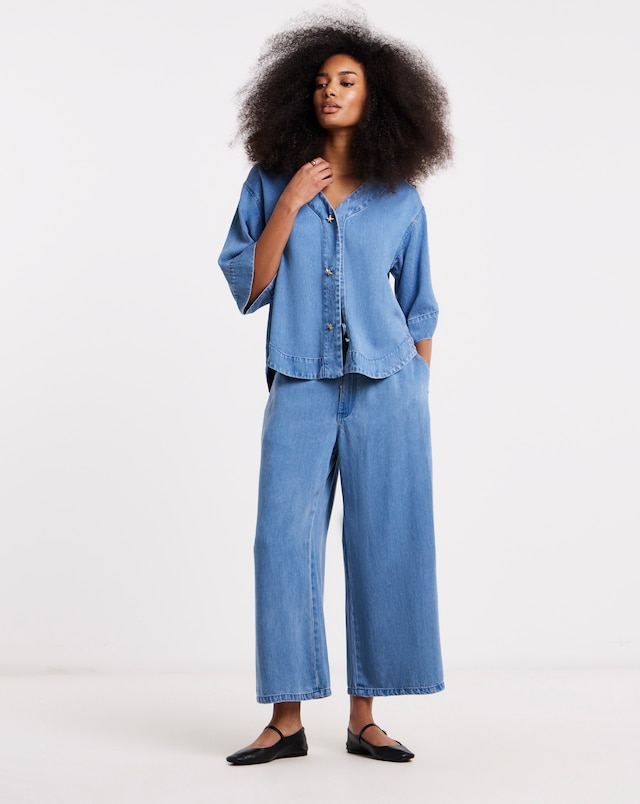 Simply Be Light Blue Tencel™ Lyocell​ Denim Tie Waist Culotte Co Ord
