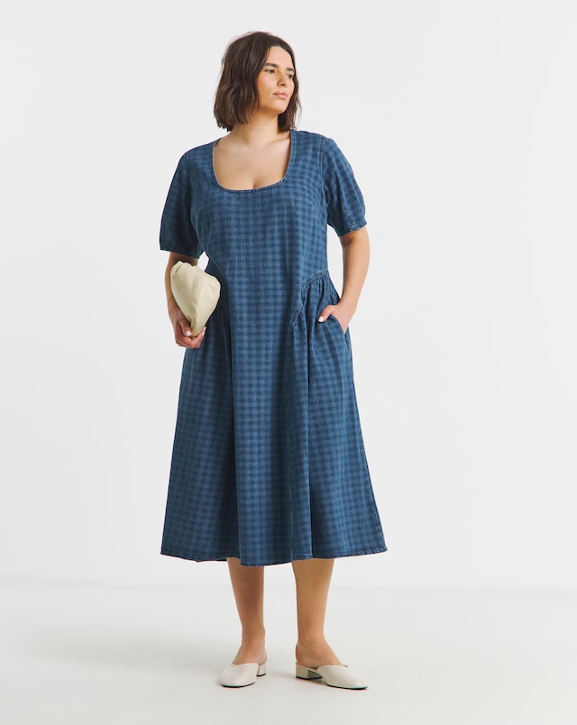 Simply Be Gingham Short Sleeve Denim Midi Dress