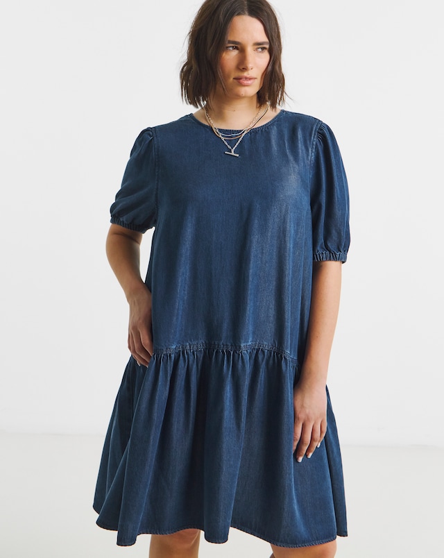 Indigo Drop Waist Mini Denim Dress with Tencel™ Lyocell