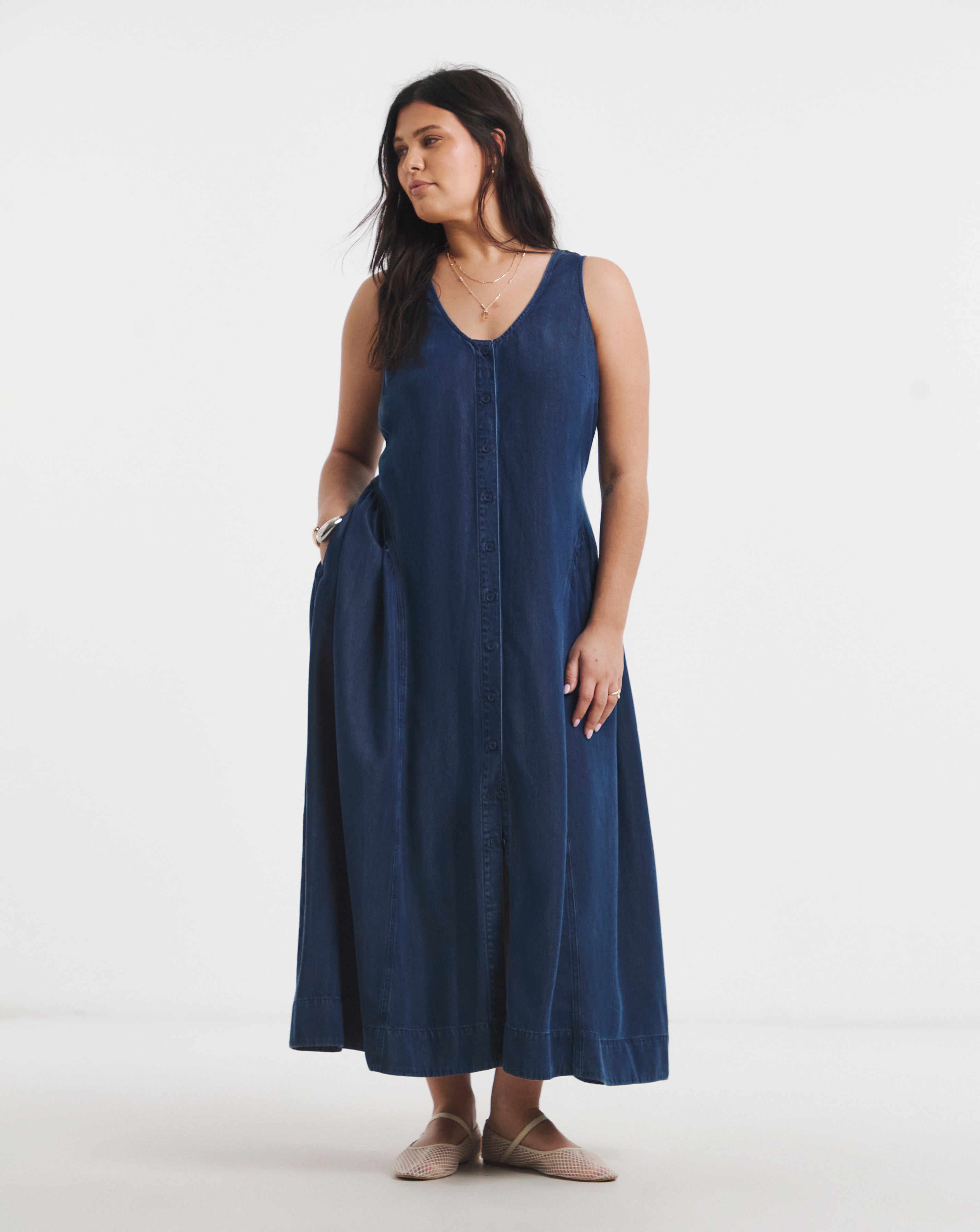 New In - Indigo Lyocell Denim Button Midi Dress