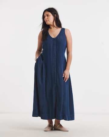 Indigo Lyocell Denim Button Through Midi Dress