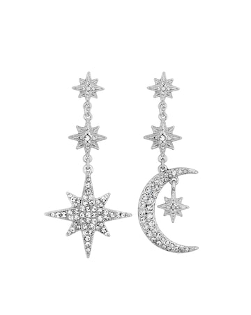 Mood Silver Crystal Moon And Star Statement Drop Earrings