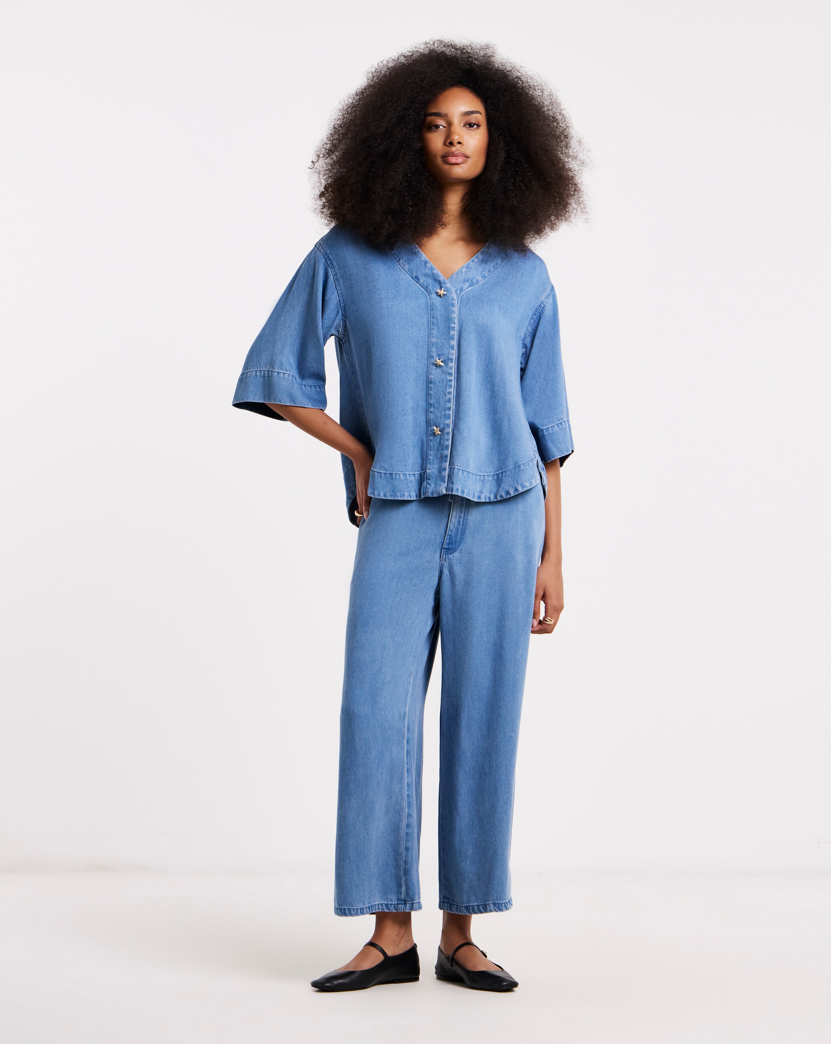 Simply Be Light Blue Tencel Denim Relaxed Shirt Co Ord | JD Williams