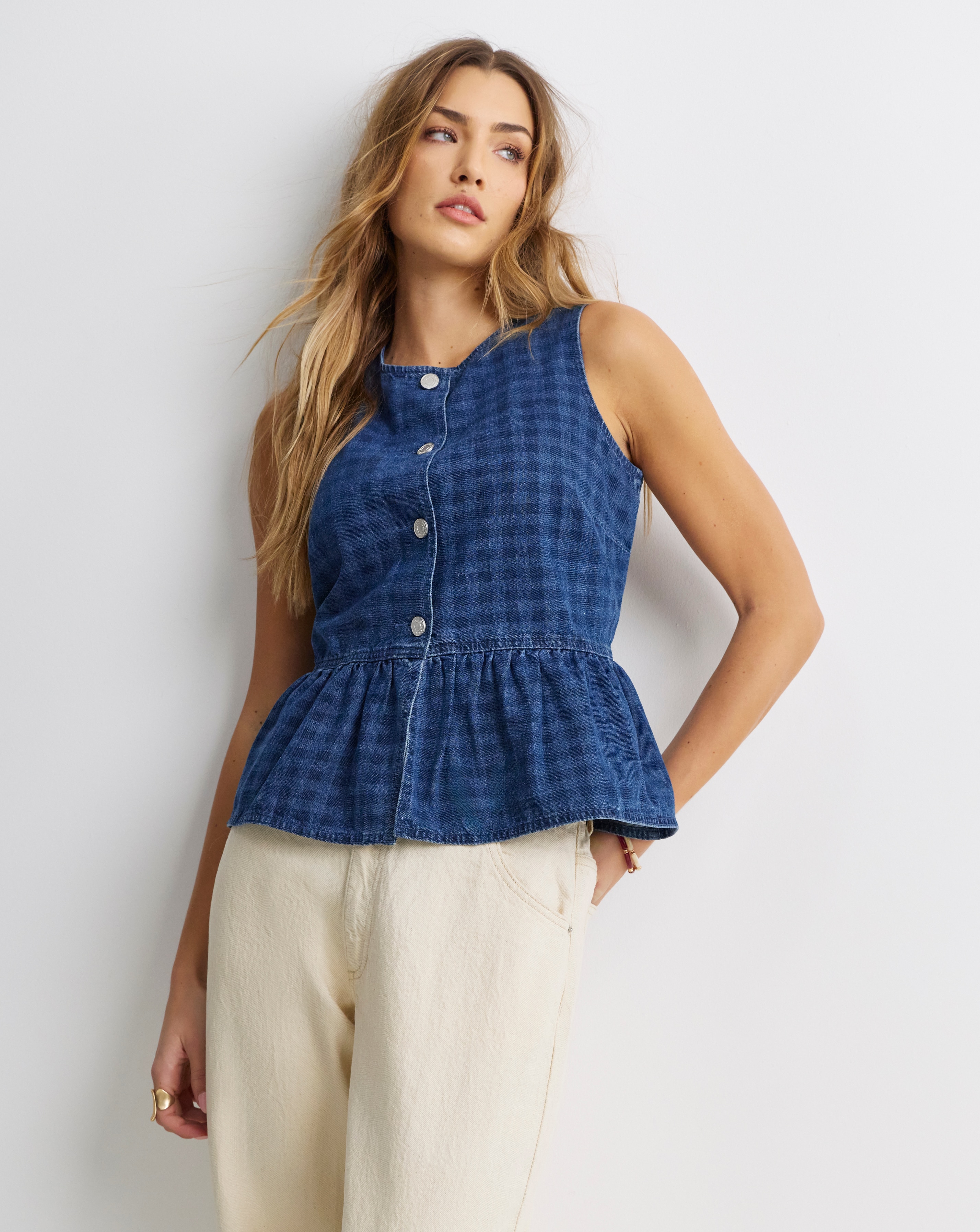 Gingham Denim Sleeveless Peplum Top