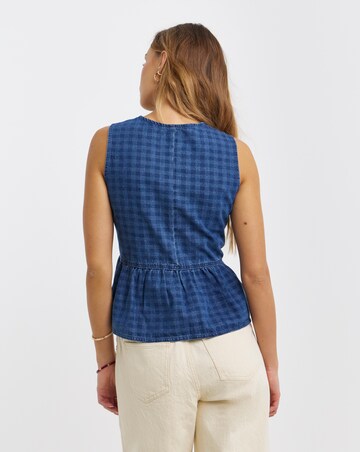Gingham Denim Sleeveless Peplum Top