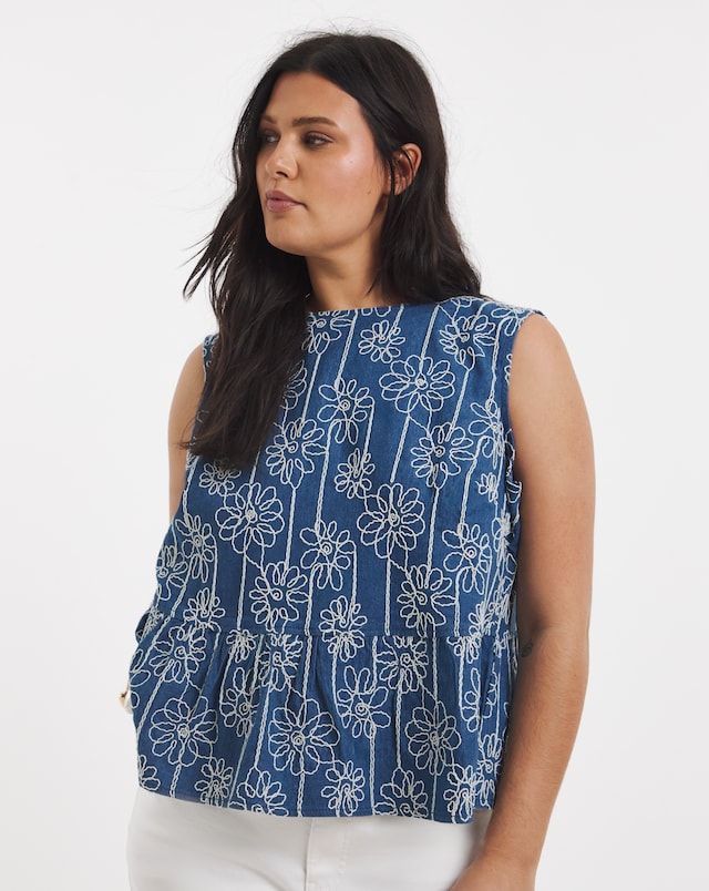 Floral Applique Denim Peplum Top