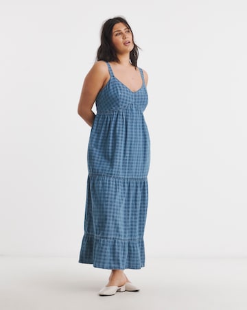 Blue Gingham Sleeveless Denim Midi Dress