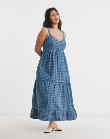 Blue Gingham Sleeveless Denim Midi Dress