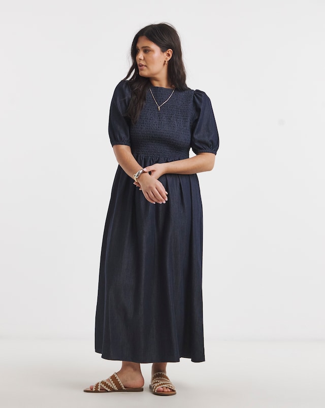 Simply Be Indigo Denim Soleil Shirred Short Sleeve Midaxi Dress