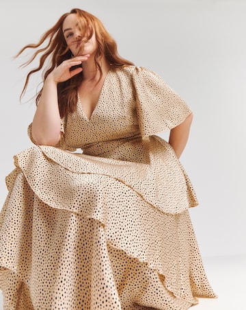 Flounce London Camel Black Spot Satin Tiered Maxi Dress