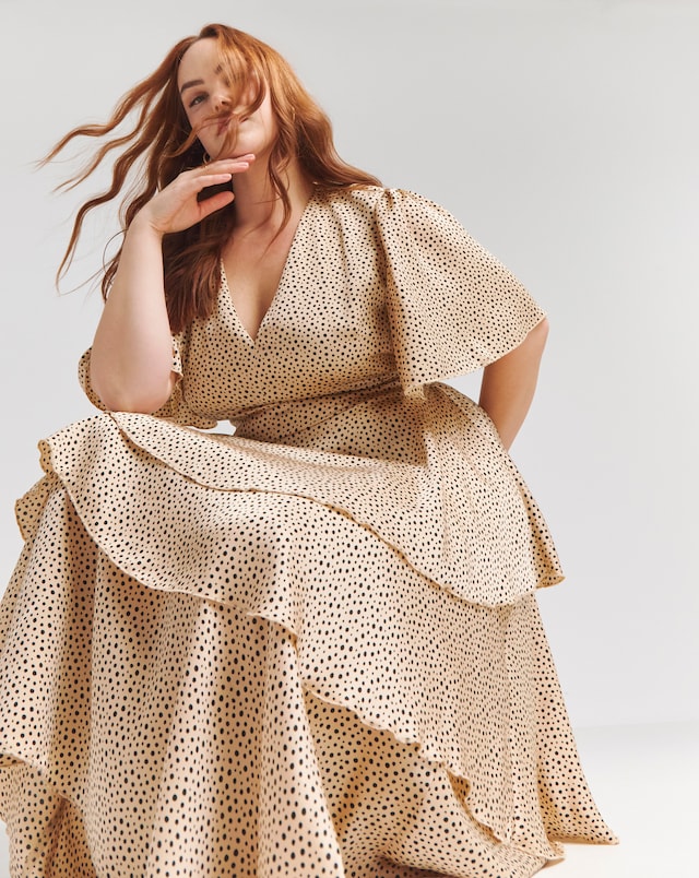 Flounce London Camel Black Spot Satin Tiered Maxi Dress