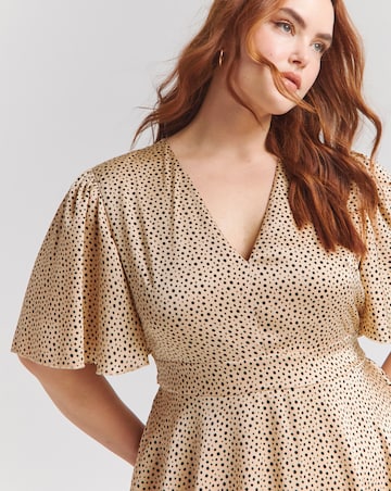 Flounce London Camel Black Spot Satin Tiered Maxi Dress