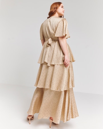 Flounce London Camel Black Spot Satin Tiered Maxi Dress