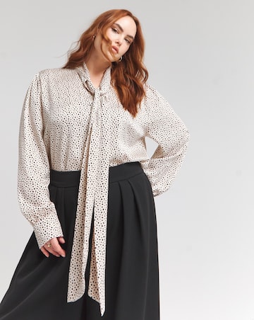Flounce London Off White Black Spot Satin Tie Neck Blouse