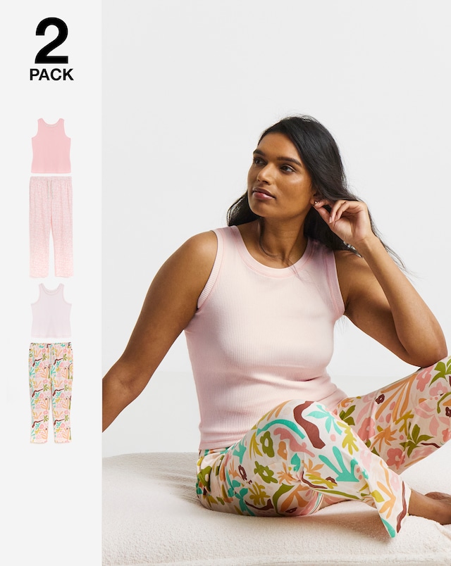 2 Pack Ribbed Racer Vest Pyjama Sets