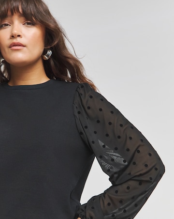 Black Velour Spot Mesh Sleeve Sweatshirt