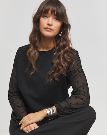 Black Velour Spot Mesh Sleeve Sweatshirt