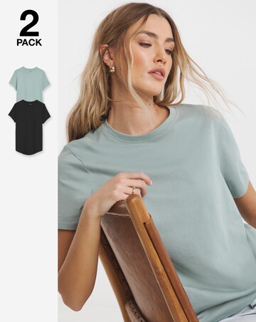 Simply Be Black & Sage 2 Pack Pure Cotton Curved Hem Longline T-Shirts