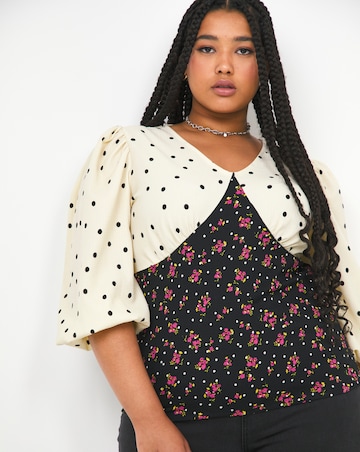 V-Neck Balloon Sleeve Mixed Print Top