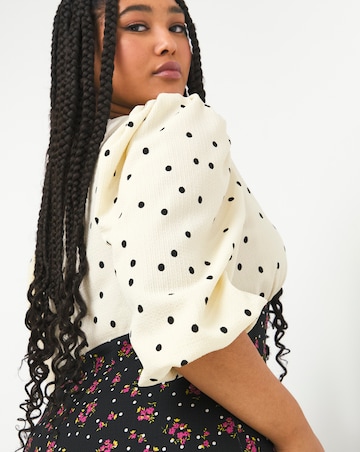 V-Neck Balloon Sleeve Mixed Print Top