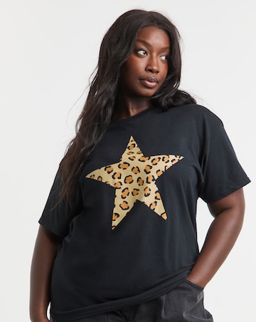 Simply Be Black Leopard Print Star Graphic T-Shirt