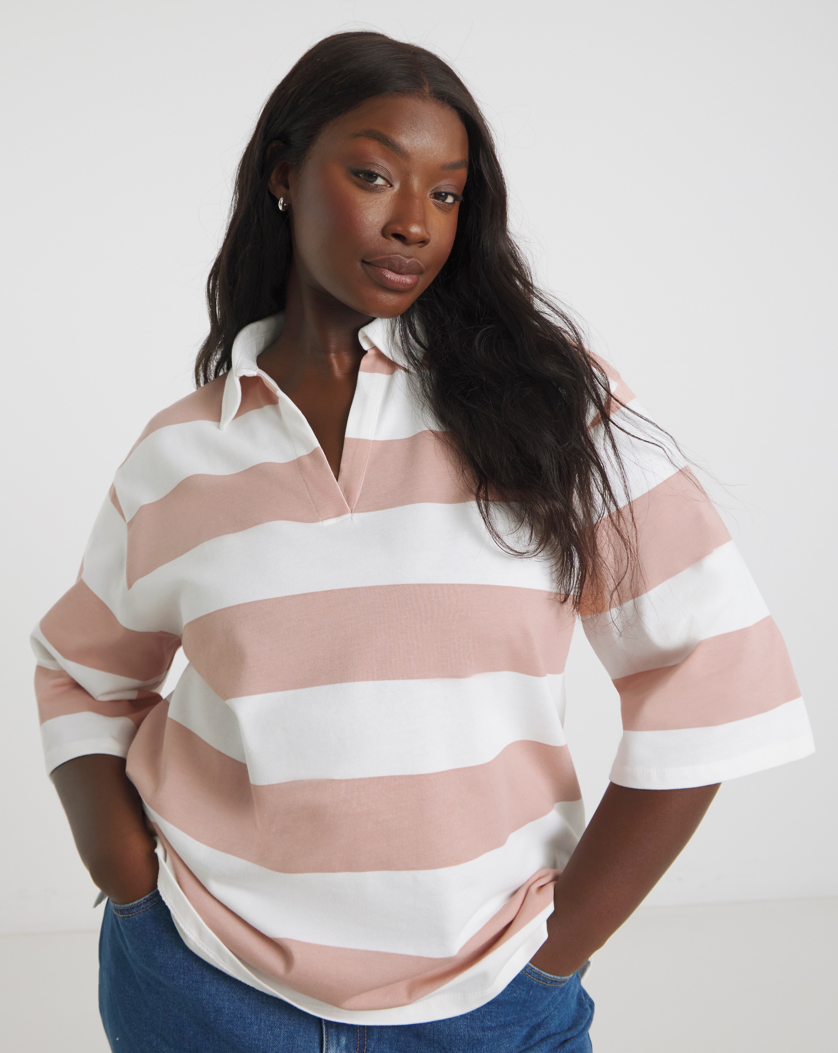 Simply Be Pink & White Stripe Rugby Top | JD Williams
