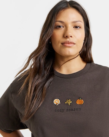 Chocolate Cosy Season Autumn Embroidery T-Shirt