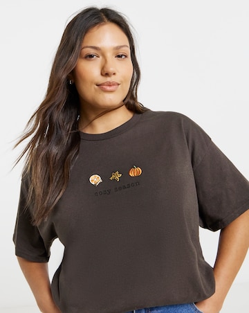 Chocolate Cosy Season Autumn Embroidery T-Shirt