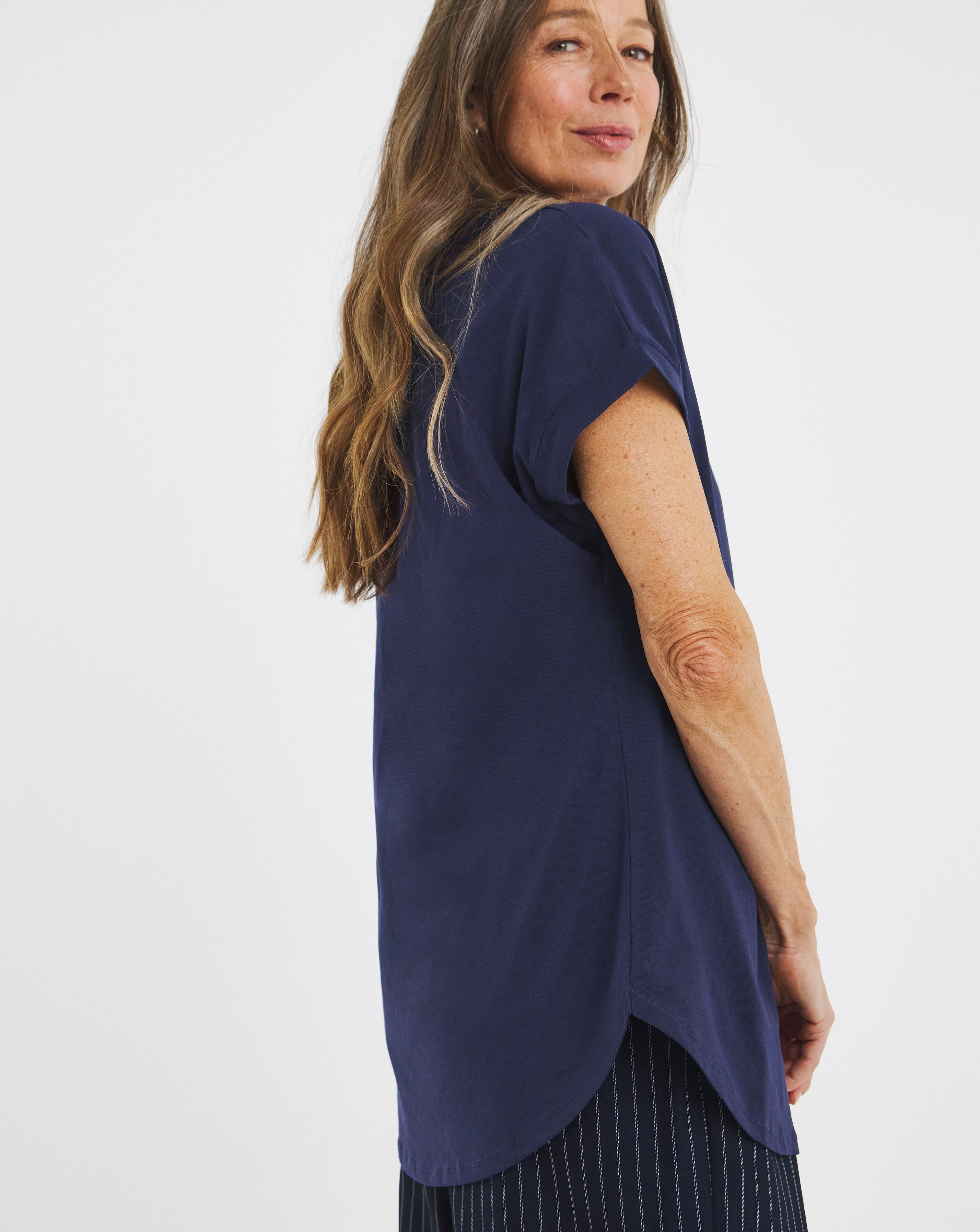 Navy Relaxed Short Sleeve Longline Top