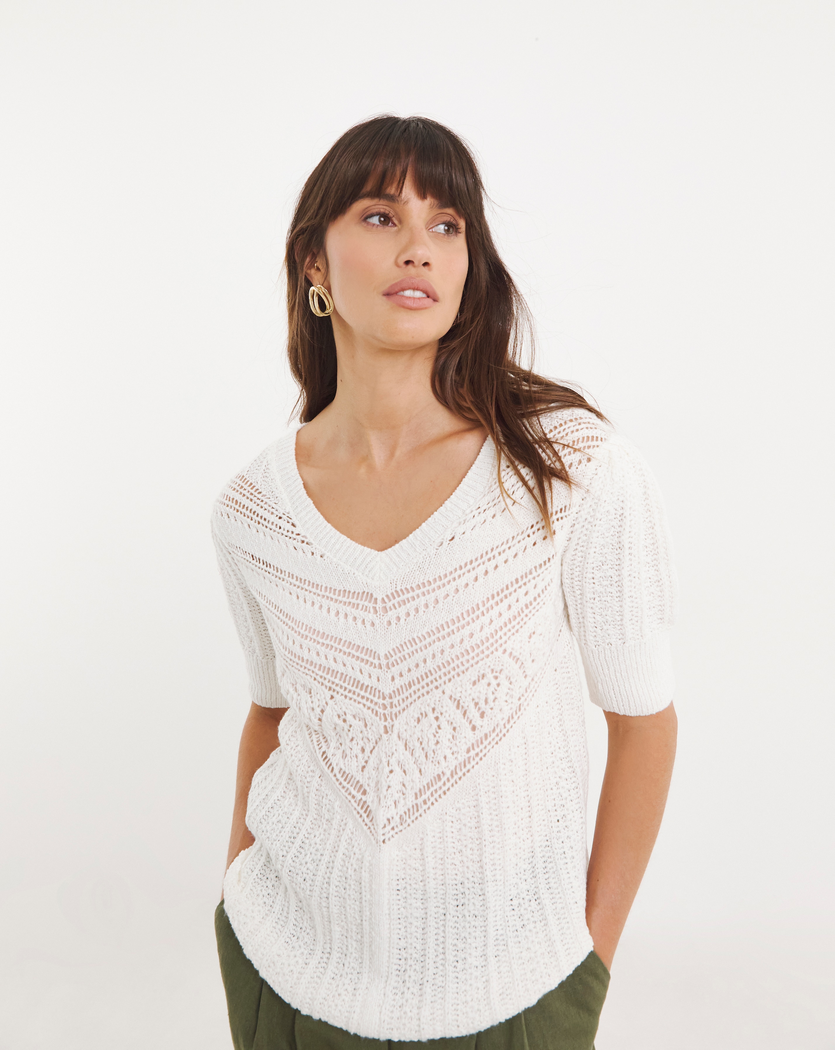 CROCHET V NECK SHORT SLEEVE JUMPER