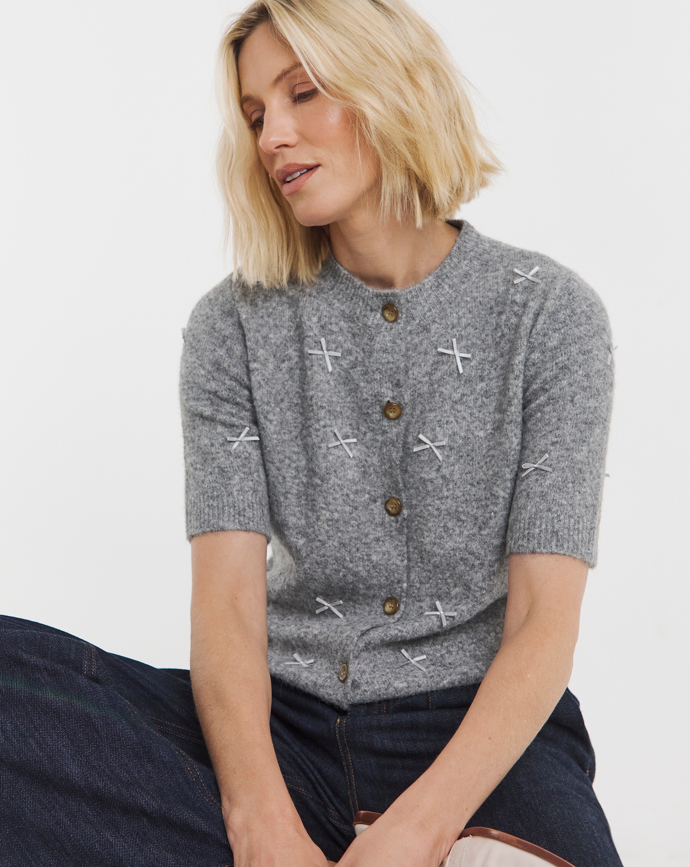 BOW SHORT SLEEVE CARDIGAN
