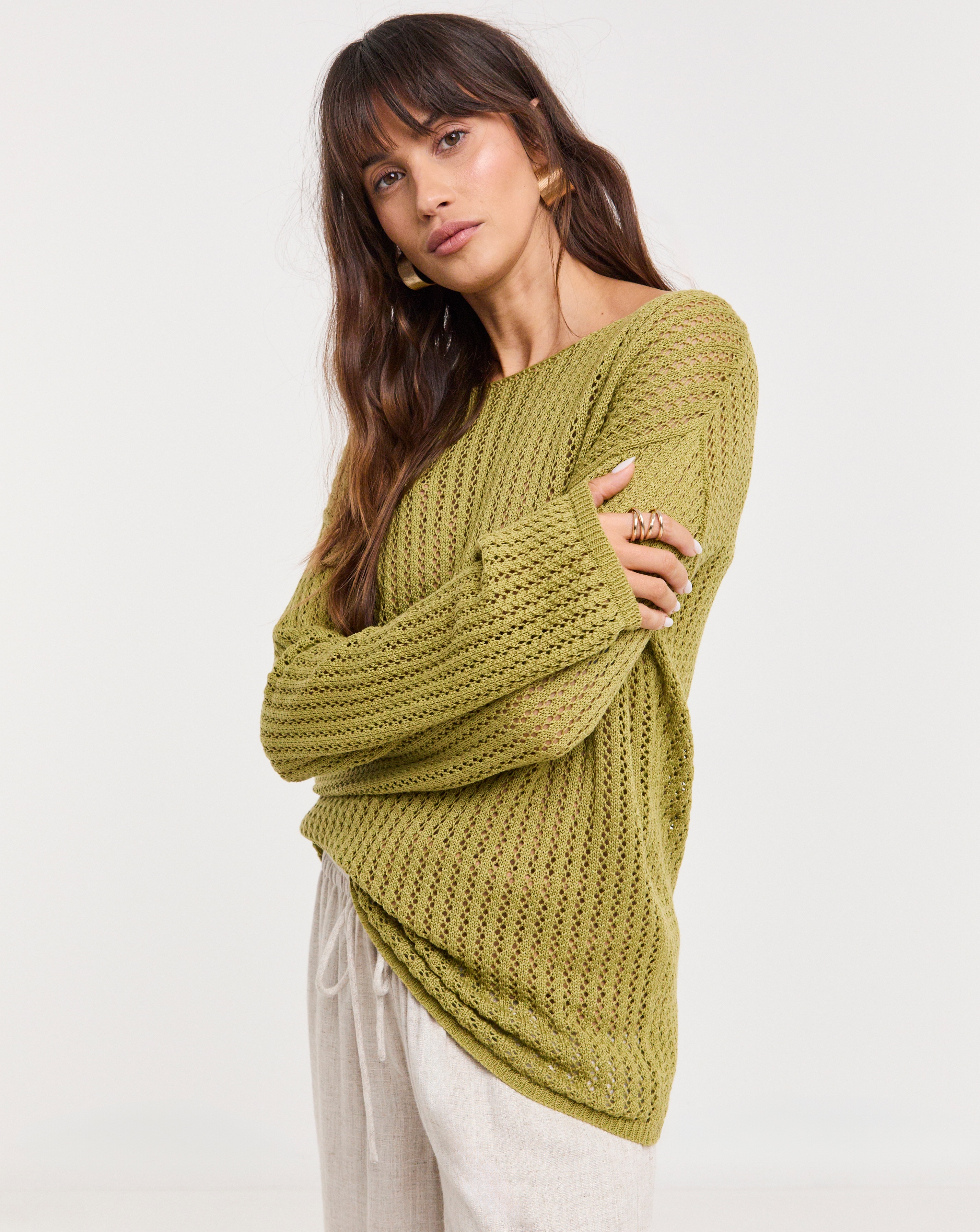 LONG SLEEVE CREW NECK CROCHET TUNIC