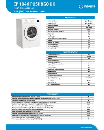 Indesit IP 1046 Push & Go Washing Machine - White