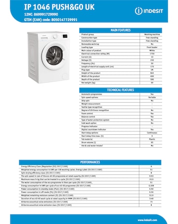Indesit IP 1046 Push & Go Washing Machine - White + Install