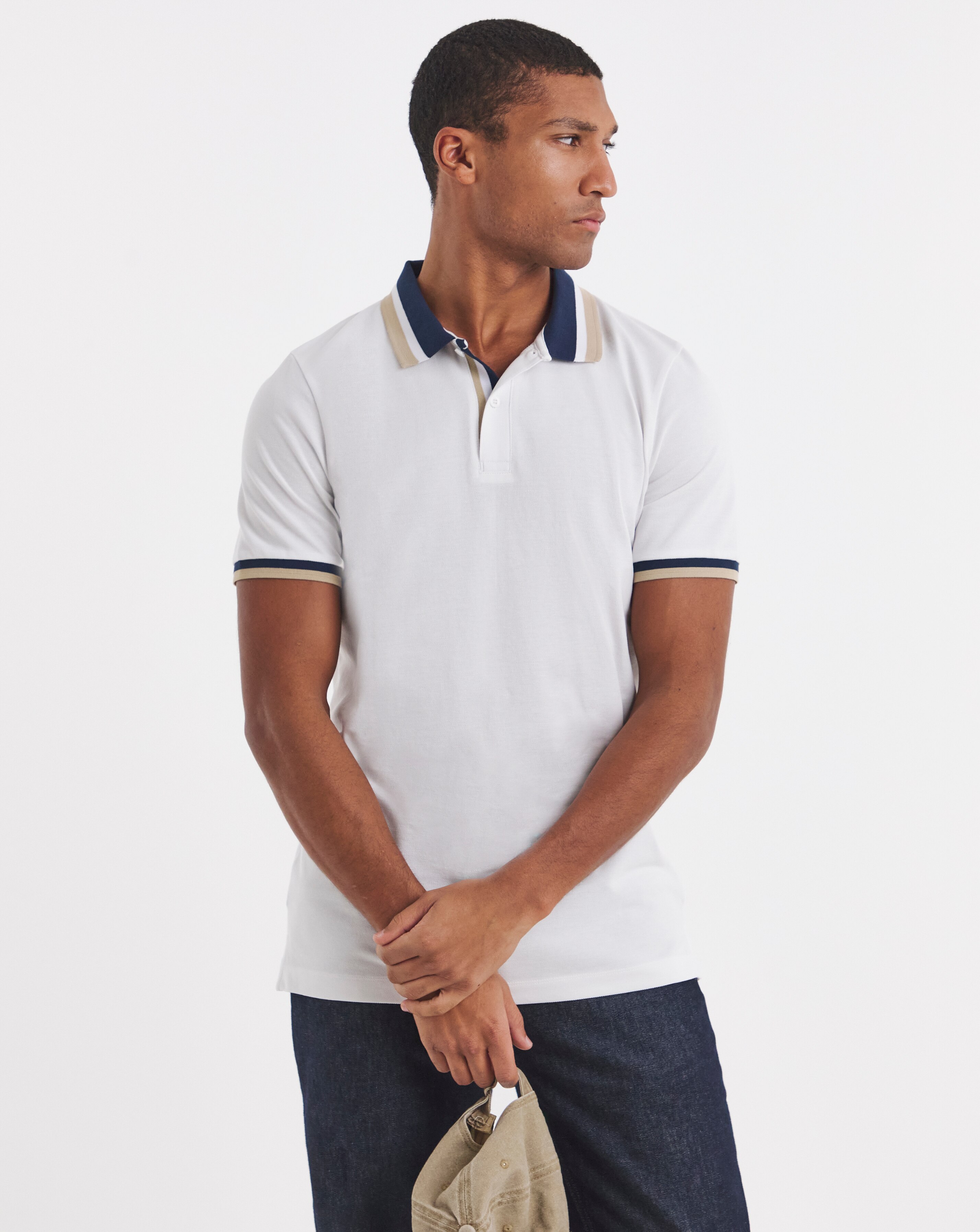 Tipped Pique Polo Long- White