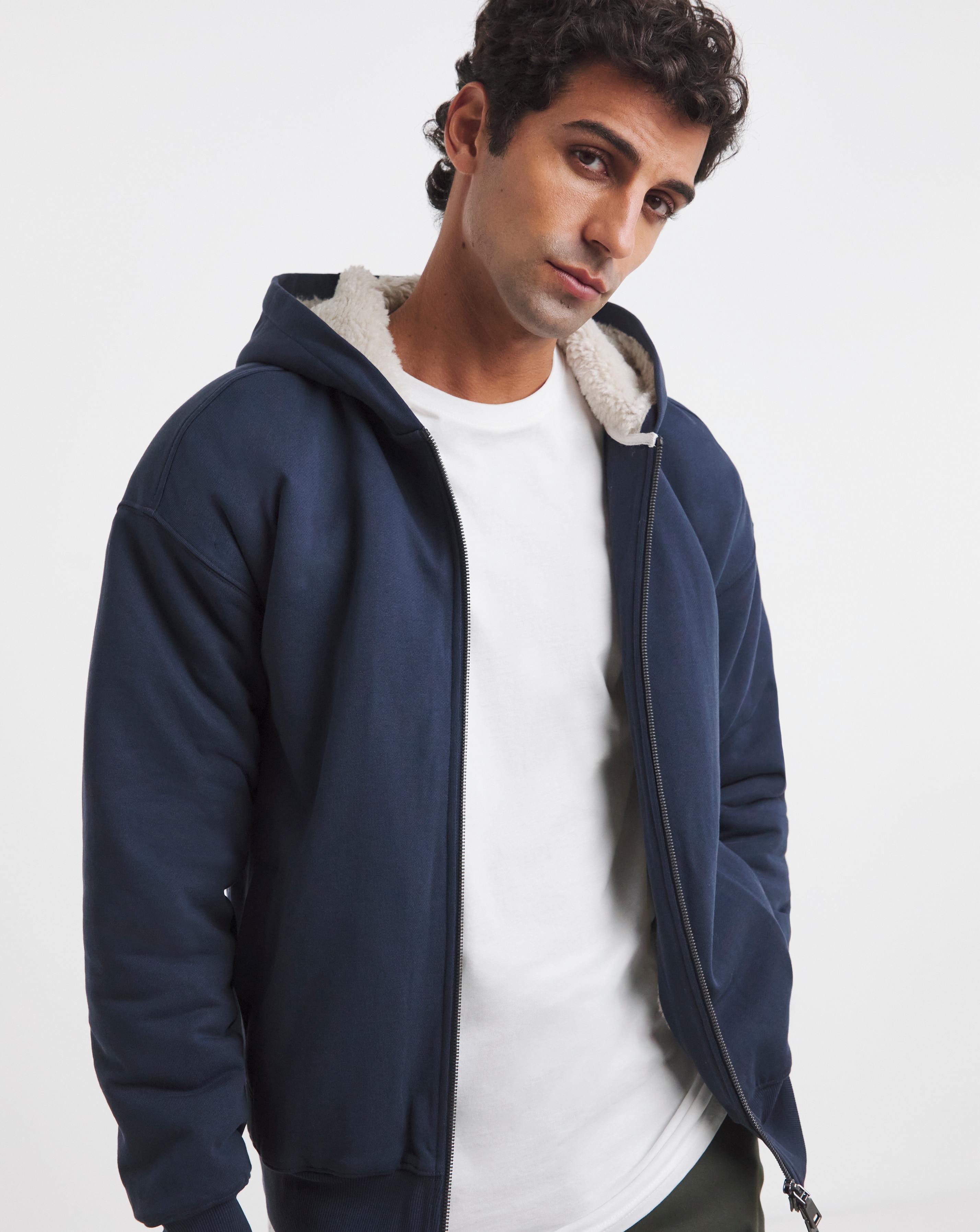Borg Lined Full Zip Hoodie - Navy