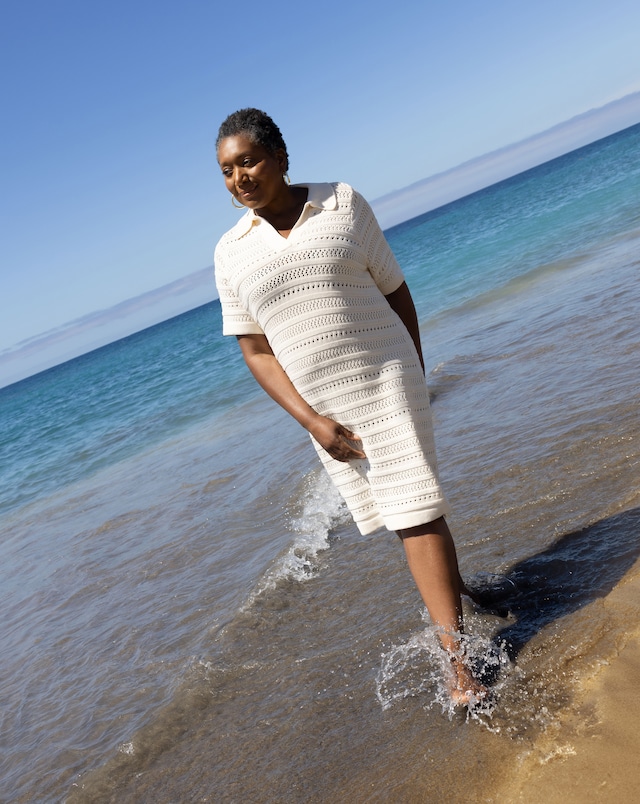 Crochet Collar Short Sleeve Dress - Ivory