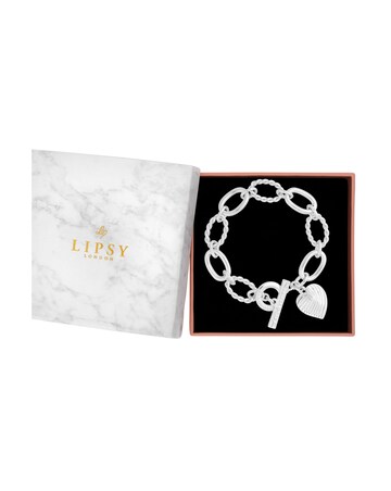 Lipsy Silver Plated Textured Heart Charm T Bar Bracelet - Gift Boxed