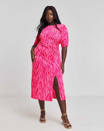 Pink Zebra Print Slinky Ruched Midi Dress