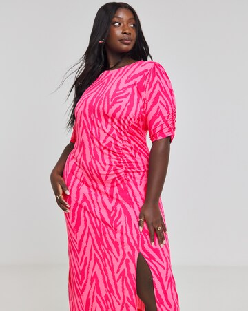 Pink Zebra Print Slinky Ruched Midi Dress