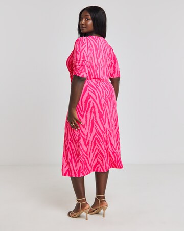 Pink Zebra Print Slinky Ruched Midi Dress