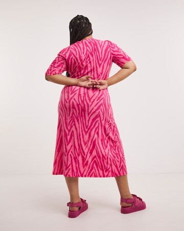 Pink Zebra Print Slinky Ruched Midi Dress