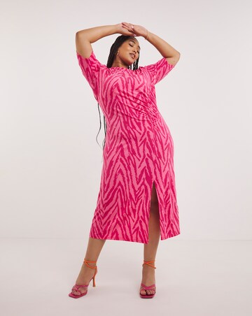 Pink Zebra Print Slinky Ruched Midi Dress