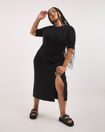 Black Slinky Ruched Midi Dress