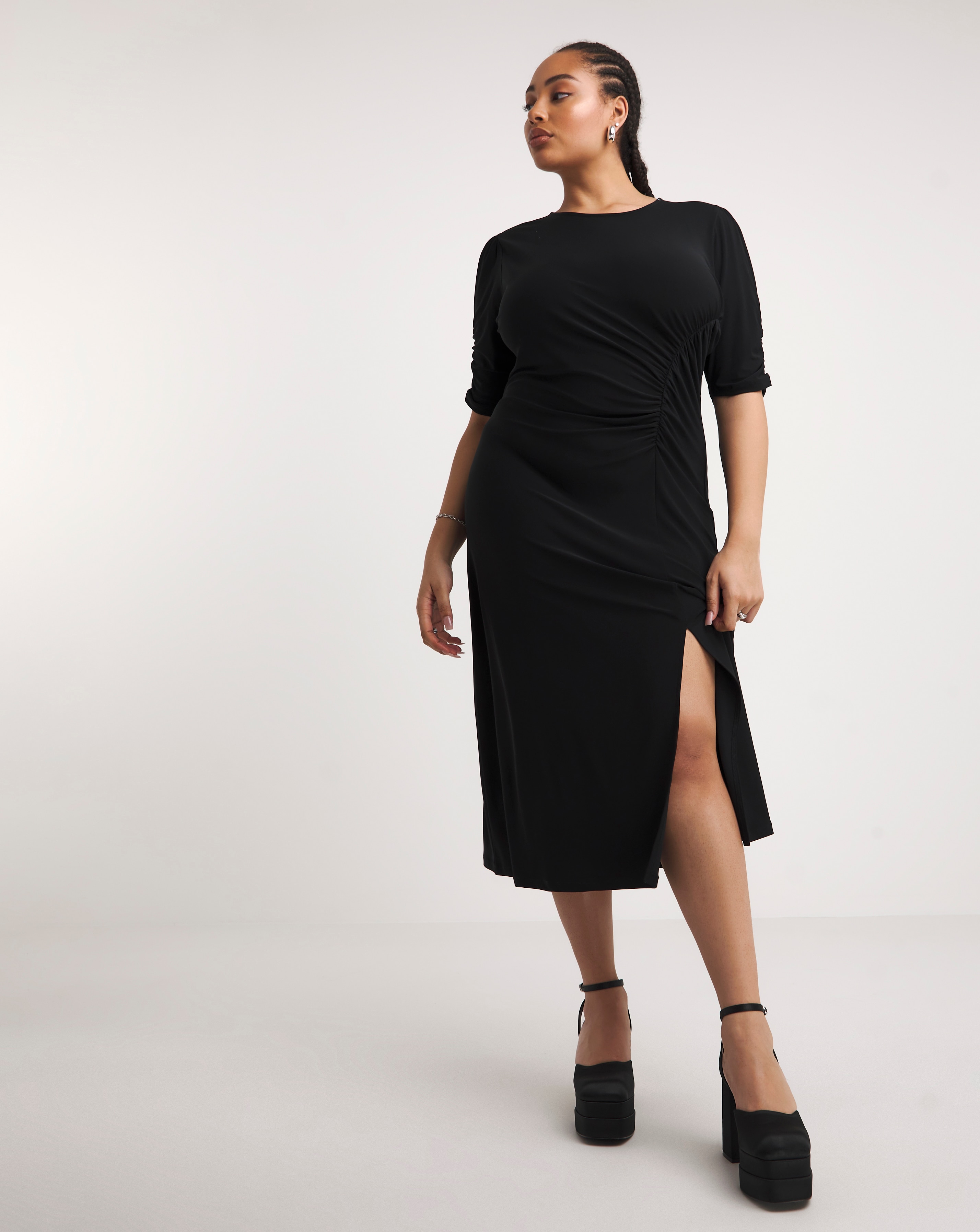Black Slinky Ruched Midi Dress