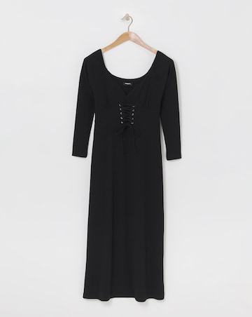 Black Corset Detail Rib Midi Dress