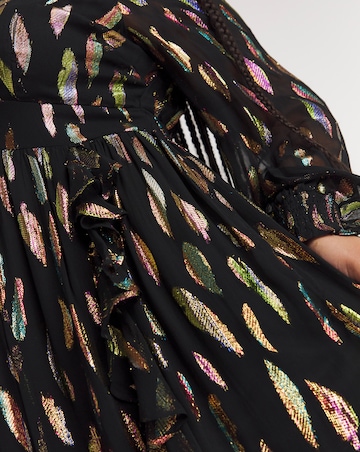 Plunge Neckline Rainbow Foil Jacquard Midi Dress