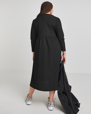Black Long Sleeve Waffle Button Up Midi Dress With Pockets