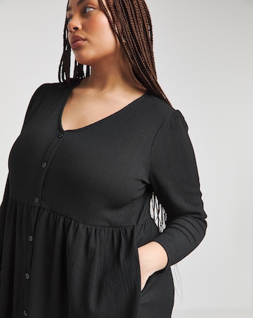 Black Long Sleeve Waffle Button Up Midi Dress With Pockets